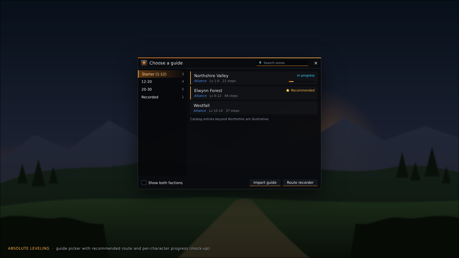 The guide picker, filtered to your faction and level.