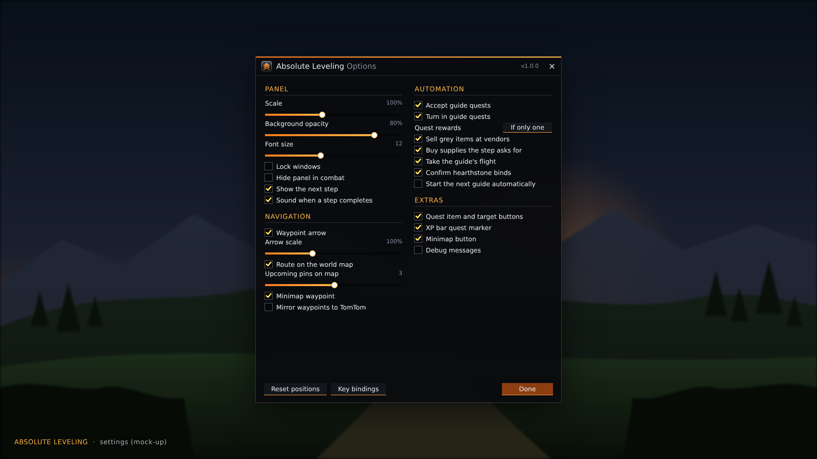 The settings window, where every automation can be turned on or off.
