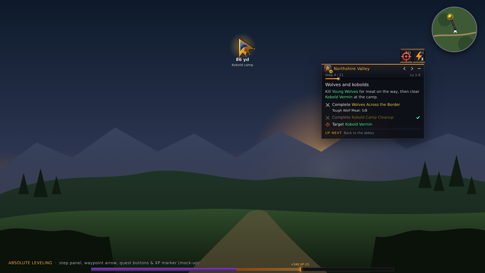 Absolute Leveling step panel showing the current objective in game